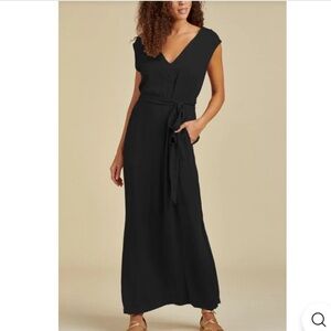 Splendid Evian Black Maxi Dress Cap Sleeves, Side Slits, Tie Waist size S